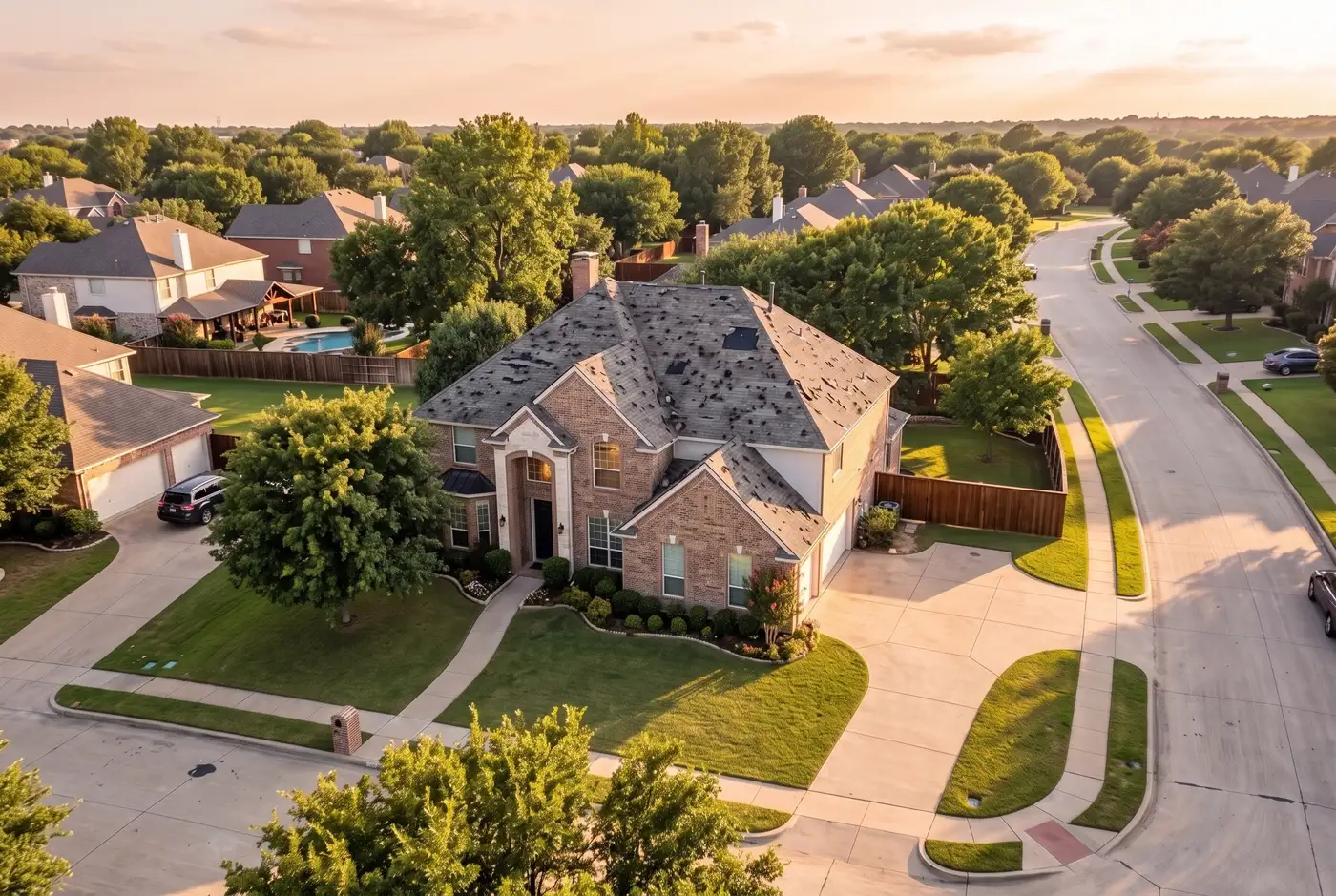 Drone view of a brick two-story with hail-battered, patchy shingles