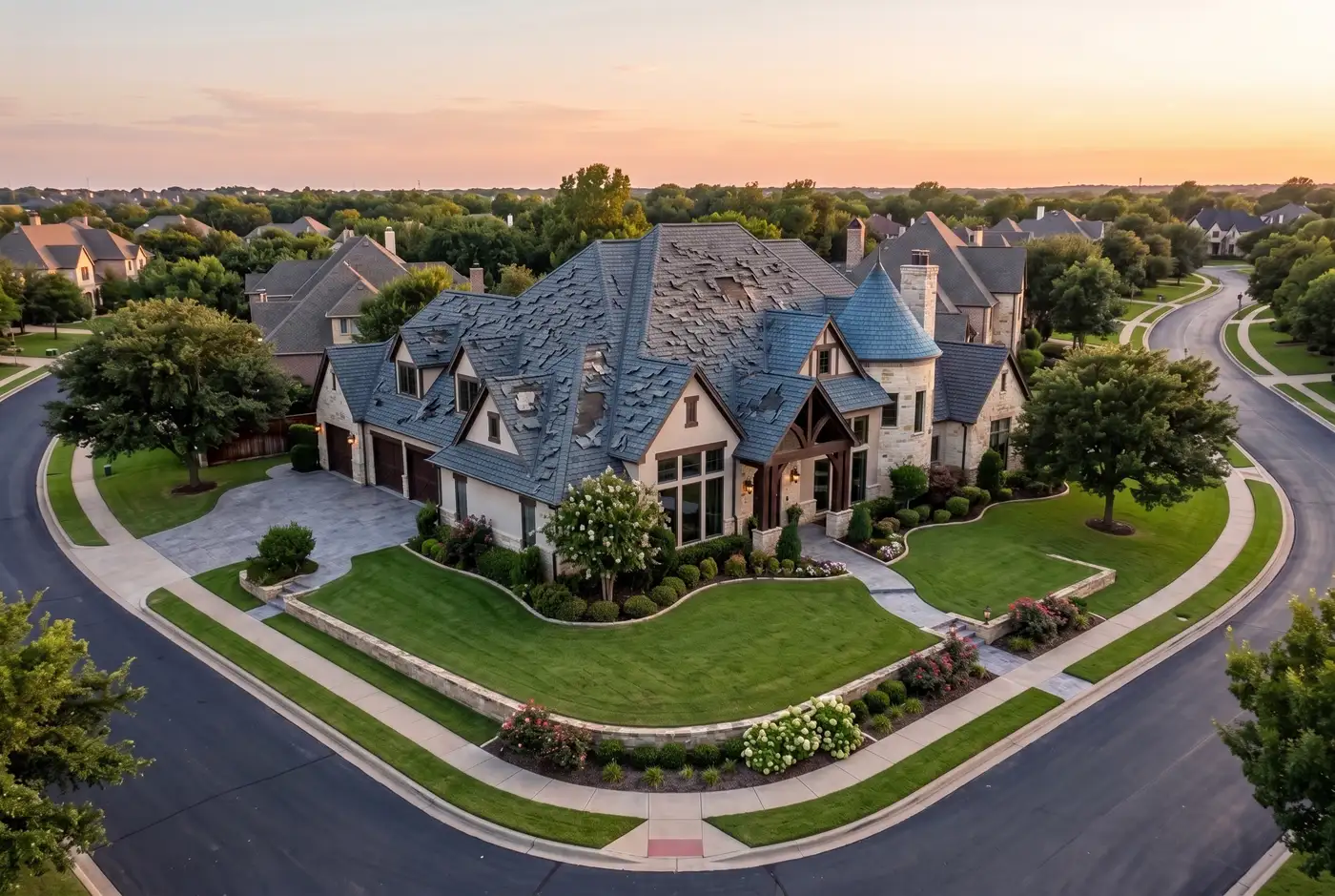 Drone view of a large home with wind-damaged shingles and lifted tabs