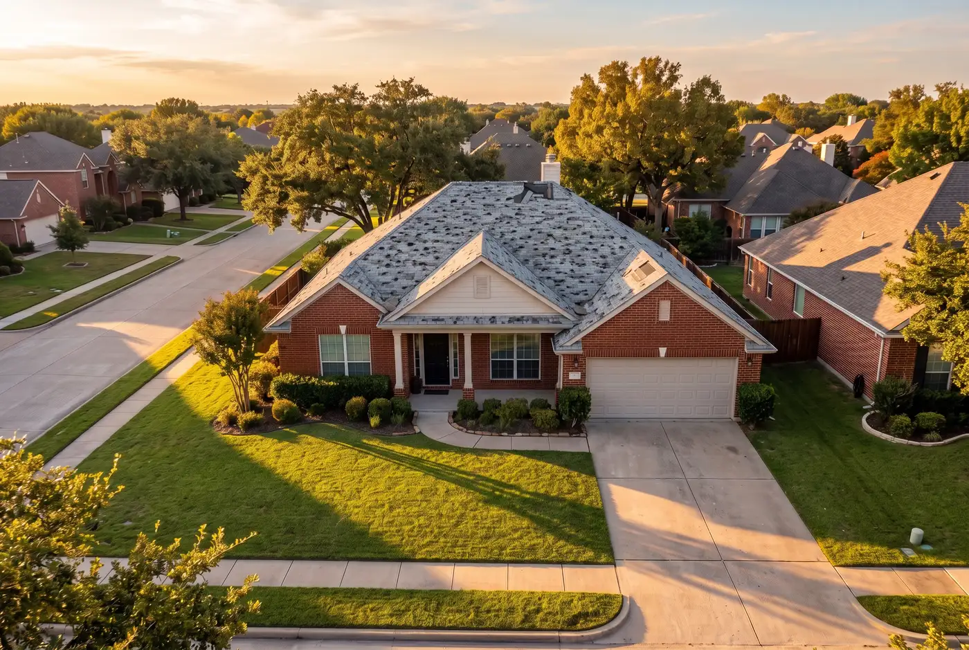 Drone view of a single-story home with hail-marked gray shingles