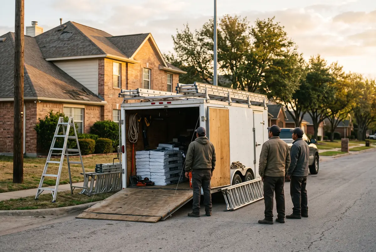 Caprock crew at their trailer at sunrise, ladders racked, looking toward the day's first roof