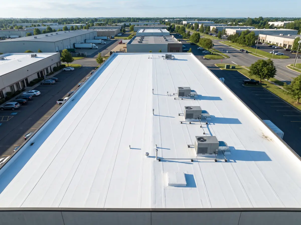 Clean TPO roof with neat seams and rooftop units