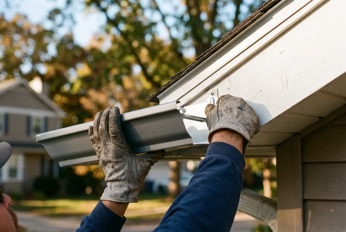 Seamless gutter section being fitted at an eave