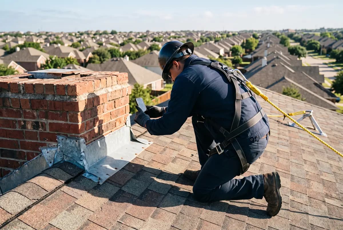 Harnessed inspector photographing roof flashing