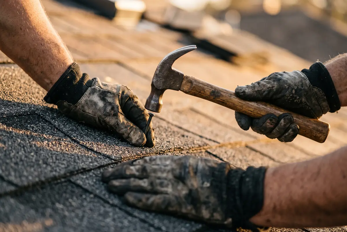 Roofer's gloved hands nailing an architectural shingle
