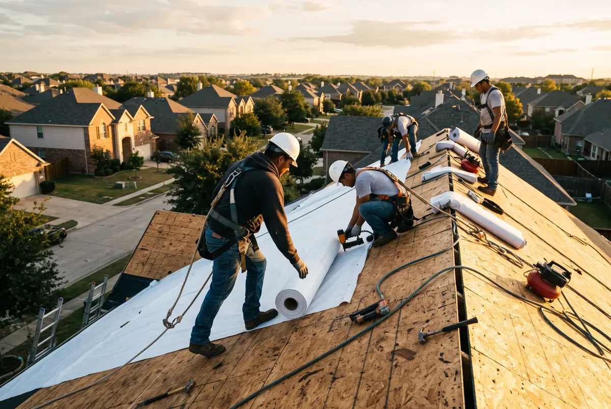 Harnessed crew laying underlayment across a bare roof deck at golden hour
