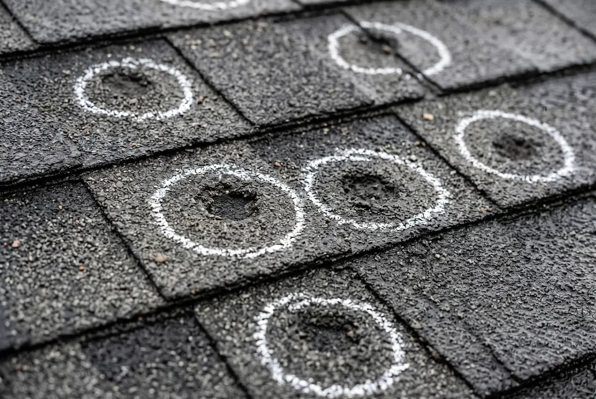 Close-up of hail-bruised shingles marked with chalk circles
